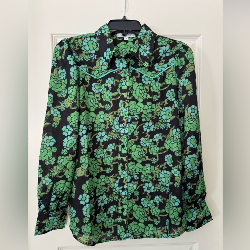 NWT 70s Style Western Floral Green and Black Women's Top - Vintage look